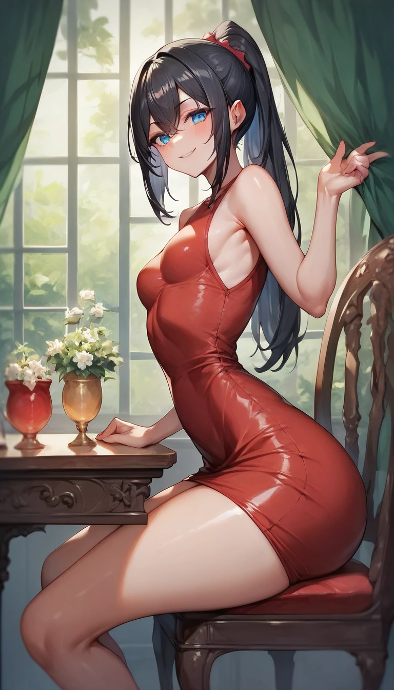 2,5d, girl, gorgeous, young, black hair, ponytail, blue eyes, curvy thighs, curvy hips, thin waist, massive ass, small breasts, detailed eyes, detailed face, detailed body, adult, tall, detailed night cafe, night cafe, looking at viewer, white skin, make up, solo, sitting on chair, red tight dress, smug, hands on table