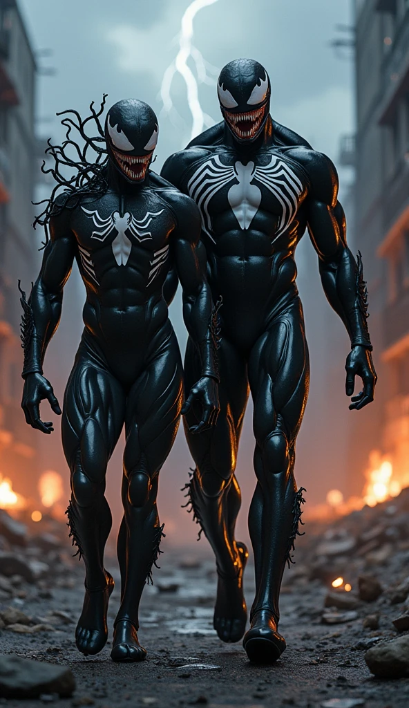 Create an ultra-realistic, cinematic 9:16 image of Venom, the towering and muscular anti-hero, walking side by side with a massive Pitbull Venom hybrid. Venom's black, symbiotic suit glistens with a slimy texture, its iconic white spider emblem glowing faintly against the darkness. The Pitbull Venom hybrid mirrors his menacing appearance, with sharp, elongated teeth, glowing white eyes, and tendrils of symbiote matter pulsing across its muscular body.

The scene is set in a shadowy, apocalyptic urban environment, with crumbling buildings and distant fires casting flickering light on the pair. Thunderclouds loom overhead, and flashes of lightning illuminate their intimidating forms, highlighting every intricate detail of their grotesque yet powerful features.

Rendered in 18K, HDR, and 24-bit full color, with hyper-detailed textures emphasizing the wet, organic appearance of the symbiote material. The lighting dynamically interacts with their forms, creating dramatic contrasts and depth. The atmosphere exudes chaos and power, as the duo walks confidently through the destruction, embodying pure dominance and fear."