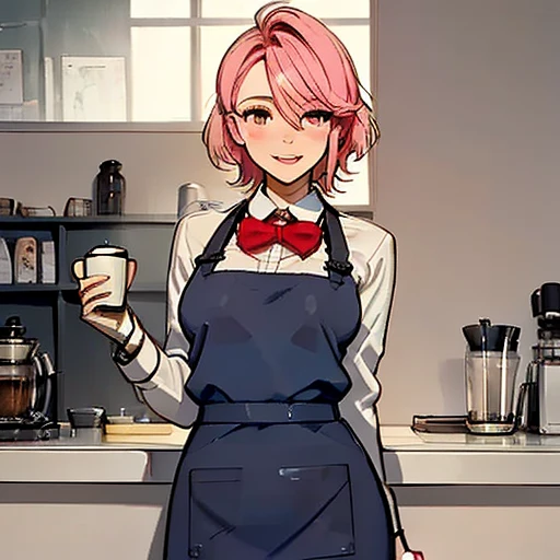 Shiratori Aira, dandandan ,  cute busty redheaded girl with short hair ,  slender body wide hips and slim waist cute face, NSFW,  coffee shop and apron mono ,   barista 8k detailed perfect  