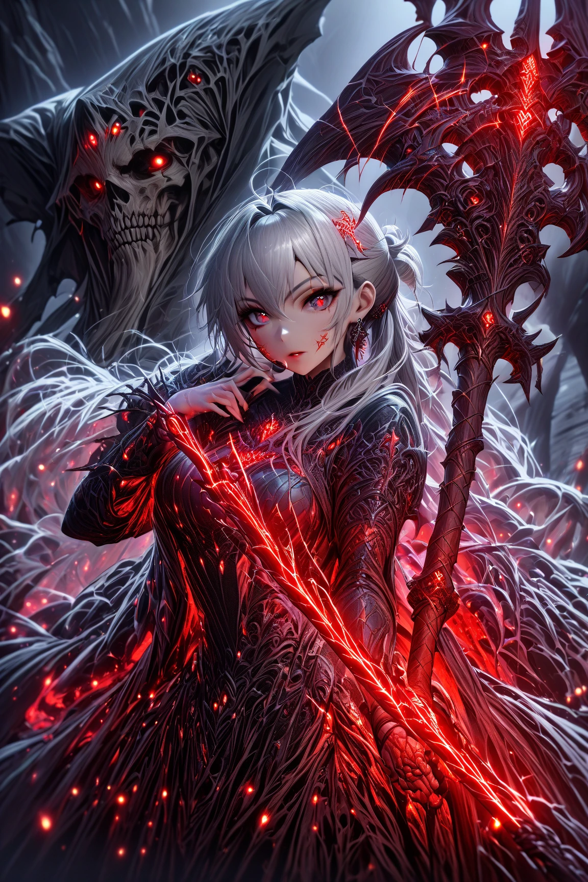 Absurdres high res, ultrasharp 8k, masterpiece,  a beautiful woman with blood-red eyes ,  dress with runes that glow red, She holds a red glowing scythe in her hand, gigant reaper behind her, silver hair with headband and short ponytail,  scars on his face,