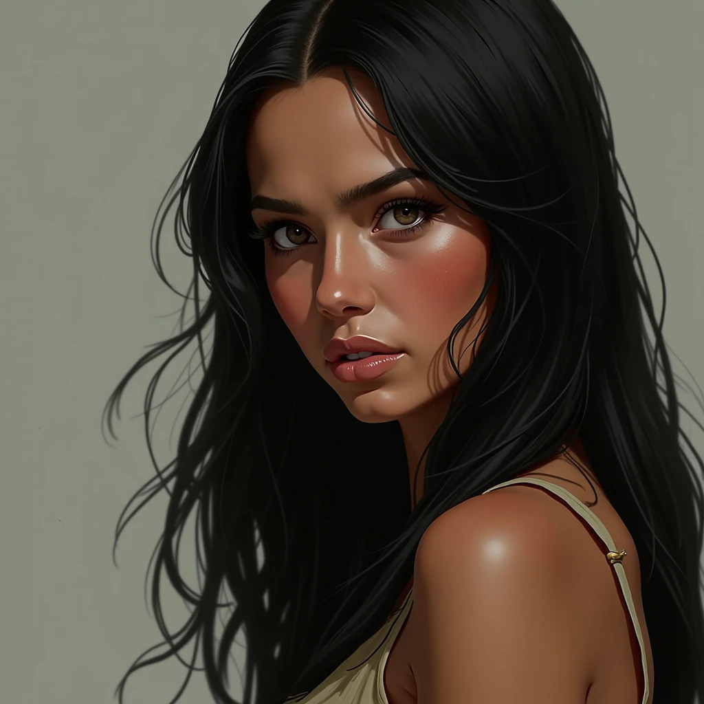 A picture of a dark skinned woman sith long straight brown hair. She has completely straight brows and shrp eyes. Shes in her 30 but she looks a bit younger . The background is complete white. She can be in more cool tones. Shes a depressed queen