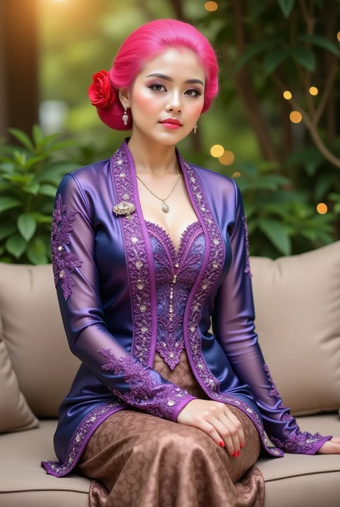 An elegant Indonesian woman sits gracefully on a beige couch in an outdoor setting. She wears a holographic shimmering blue-magenta kebaya with detailed floral lacework and transparent long sleeves, combined with a traditional brown printed batik tight skirt. Her makeup highlights her features with pink blush, full eyebrows, and coral lips. Her neon-pink hair is neatly tied back in a bun Javanese style, decorated with red rose. The background is filled with soft-focus greenery and warm, ambient bokeh lights.