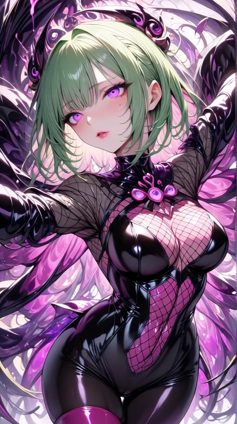  mature beautiful woman with ,( best quality, very detailed depiction , Incredible High Resolution ,High quality anime drawings),(Magical girl costume based on black and pink, latex bodysuit ,Body net suit, black tights, thigh-high boots),( green hair,Swirling Eyes,Purple Eyes, Hollow Eyes, Mind Control:1.3,hypnotism,Glossy lips, glamorous body, slender ,stoic,Empty look,Fall,Fallen into evil,Being manipulated,Beautiful legs, healthy legs), cowboy shot:1.3