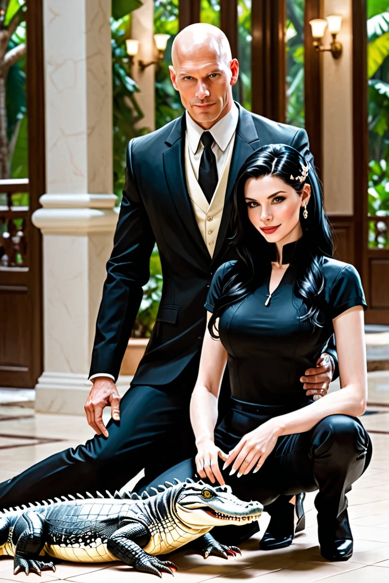 a handsome man, neat black hair with a wild lock falling over his forehead, wearing a black suit and with his hands in his pockets, his face was serious. a beautiful woman, blue black hair, striking blue eyes, slim body full of curves, wearing a long navy blue glittery dress with a slit on the left thigh, she was next to the man and held a black rose between her fingers. A black-coated Doberman was next to the woman., and a brown Doberman was on the man's side. They were together.