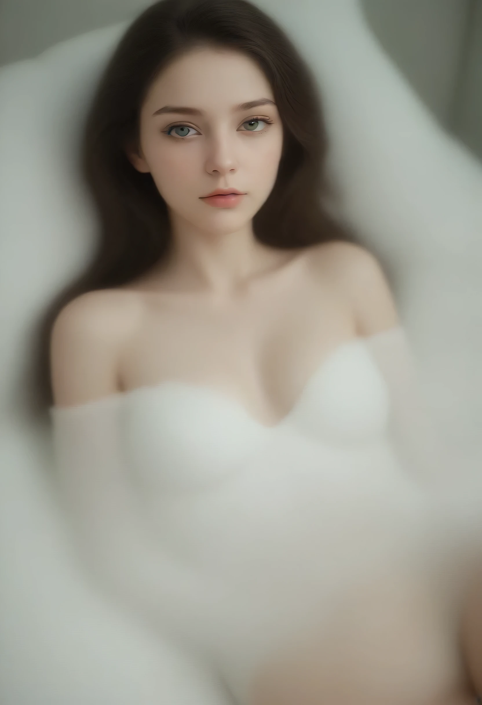 Masterpiece, Best Quality, 8K, Photographic Reality, Realistic, Octane Rendering, pale skin teen girl laying in bed (1 Woman: 1.4), (Only One woman on the Screen: 1.3), (Virgin), (white lingerie), (Long dark brown wavy Hair), (innocent), (Green Eyes) Upper Body Display, pale skin, young girl, innocent, NSFW