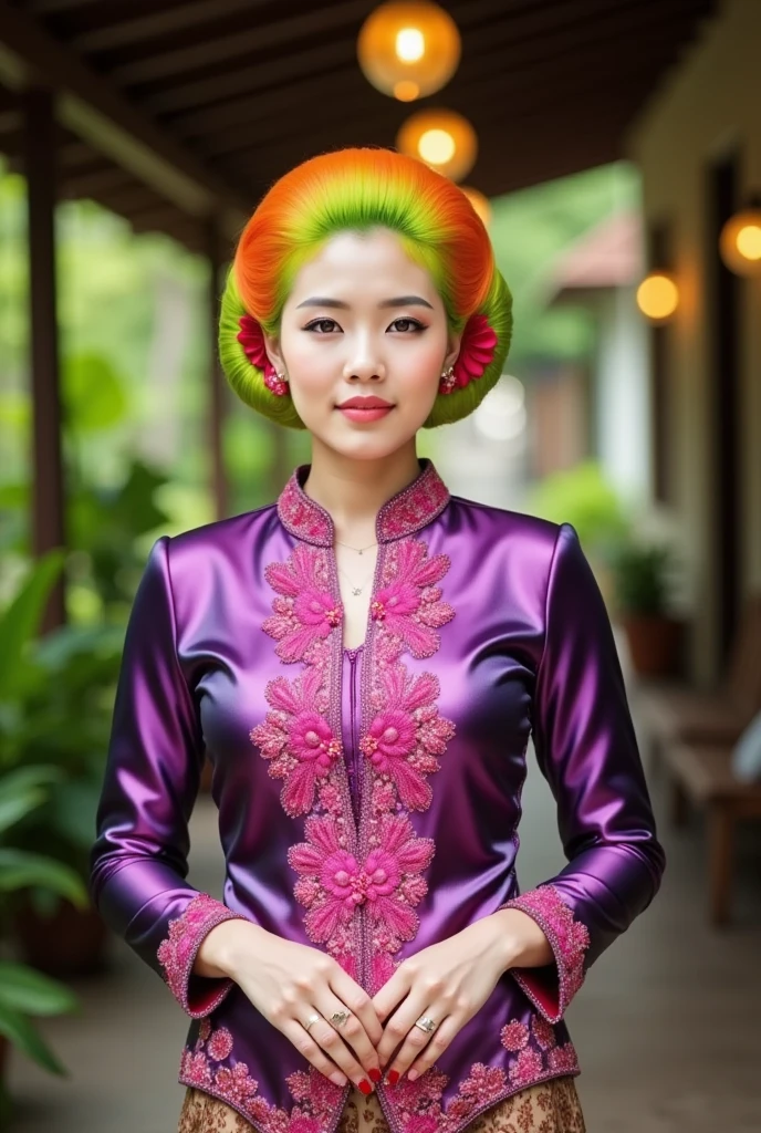 A striking Indonesian woman in traditional attire stands confidently in a semi-covered outdoor corridor. Her vibrant lime-green and orange gradient hairstyle, styled in a neat traditional bun with red flower accents, contrasts with her shiny holographic purple-pinkish kebaya, which has pink embroidered floral details and sparkling embellishments. She pairs it with a patterned brown batik skirt. Her hands are gently clasped, revealing manicured red nails and a delicate ring. The background shows leafy greenery and warm glowing lights in a slightly blurred perspective.