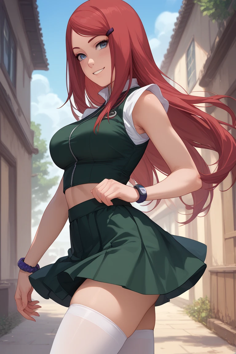 Alone,  beautiful woman ,  long hair ,  red hair,  big breasts, blush, smile,  nini skirt , black flick, Nini top ,  white stockings,  Kushina Uzumaki, cowboy pose