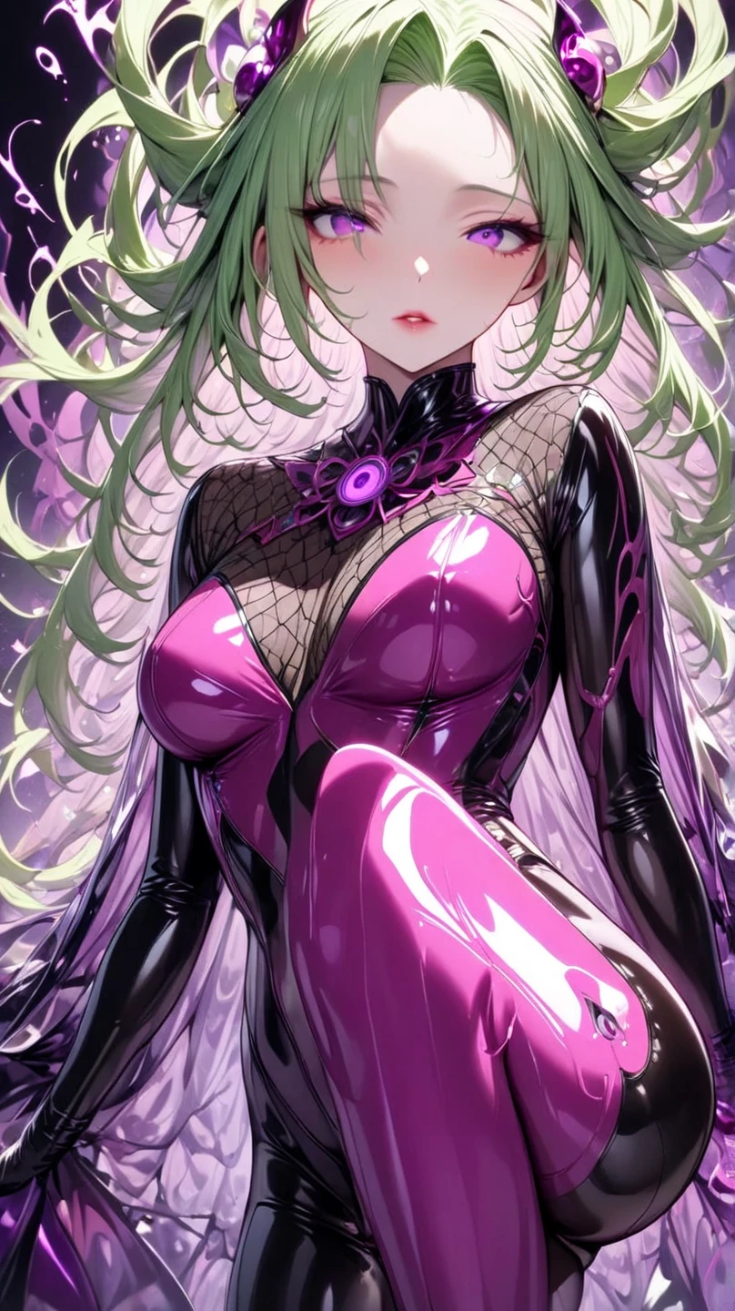  mature beautiful woman with ,( best quality, very detailed depiction , Incredible High Resolution ,High quality anime drawings),(Magical girl costume based on black and pink, latex bodysuit ,Body net suit, black tights, thigh-high boots),( green hair,Swirling Eyes:1.3,Purple Eyes, Hollow Eyes:1.3, Mind Control:1.3,hypnotism,Glossy lips, glamorous body, slender ,stoic,Empty look,Fall,Fallen into evil,Being manipulated,Beautiful legs, healthy legs), cowboy shot:1.3