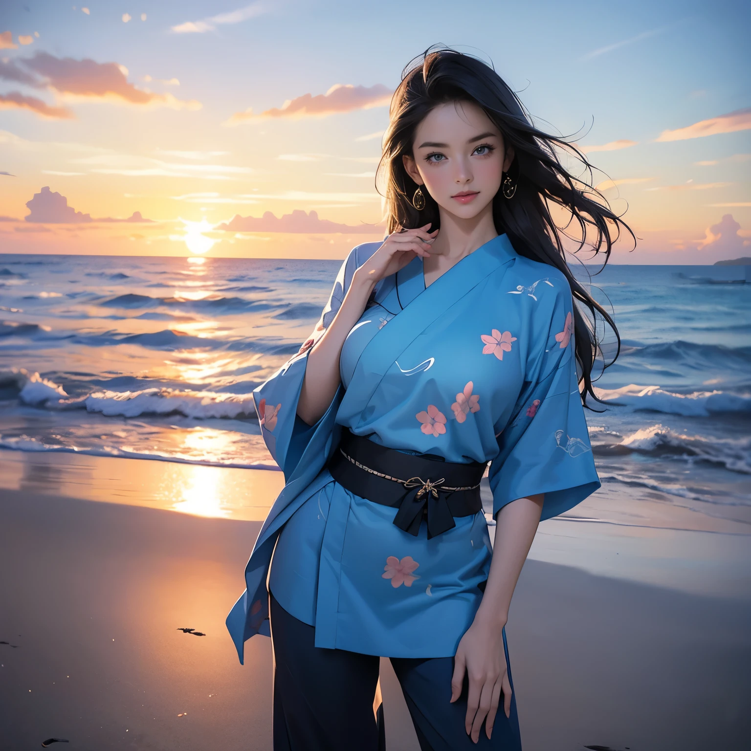 (  masterpiece :1.2,   best quality ), (realistic, photorealistic:1.4),8k,   wallpaper, [ female,  blue kimono and black hakama pants, barefoot, Super beauty, Elegant Miriam, colorful, Age 30,  Blue Eyes, (((  on the beach during sunset  ))),   ((( in front  ))) (((best hand))),  semi-long, fringe, (((Hands of a beautiful woman ,  detailed drawing of your hands))), ((  open legs standing  :1.2)), (( standing with her legs open)), ]