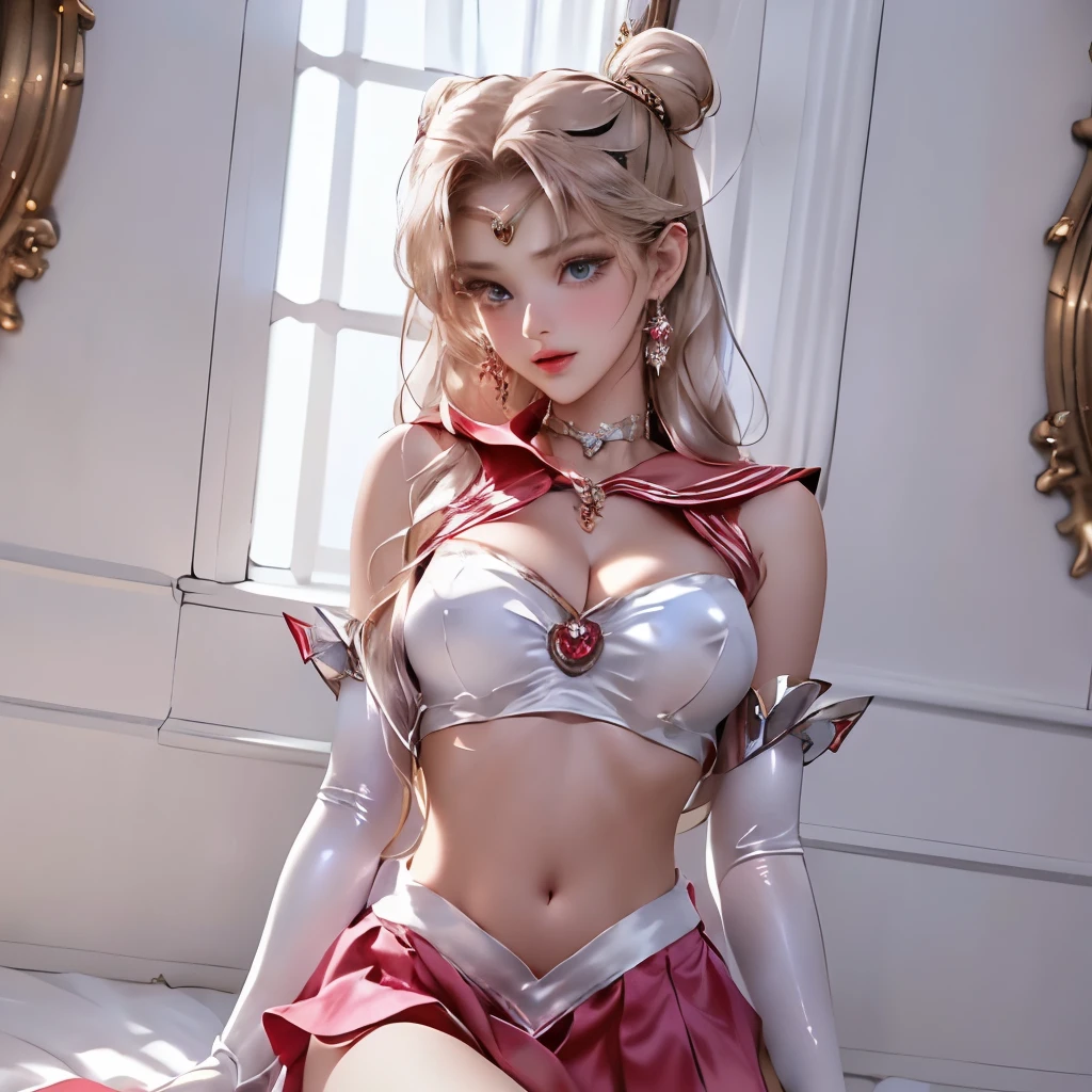 masterpiece, full: 1.3, to stand, 8K, 3D, Realistic, Ultra Micro Photography, of the highest quality, Extreme Details CG Unity 8K Wallpapers, From below, Intricate details, (nsfw:1.2),seductive pose,(1 female), 18 years old, (meishaonv,Sailor Moon,very beautiful and perfect face:2,stunning face,tiarra, Sailor Senshi Uniform Sailor: 1.2, Sailor Moon: 1.2), Incredibly long bright twin-tailed blonde, Thin and very long straight twin tail blonde, Hair bun, Red round hair ornament in a hair bun, light pink and white satin Sailor Senshi Uniform:1,5, highly detailed costume, big breasts, (Silver-blue collar, blue sailor collar, Silver blue pre-gate ultra mini skirt: 1.3,Pants are visible,Super High Leg Swimsuit,  very large red bow and heart brooch on the chest:1,5,: 1.3, Long white satin gloves: 1.3, Red gloves on the elbows, very large red bow behind the waist,: 1.1, cleavage looks bigger:1.2, a golden tiara, earrings), (Face Details: 1.5, Bright blue eyes, Beautiful eyes, shiny eyes, thin lips: 1.5, thin and sharp pale eyebrows, long dark eyelashes, Double eyelashes), Luxurious Golden Jewelry, Thin, thin and muscular,,thin waist, SEXY Model Pose, Visible Pore, Seductive smile, Perfect hands: 1.5, Very thin and fitting high gloss silver-white holographic satin, Octane Rendering, highly seductive picture, Strong natural light, Sunlight, exquisite lighting and shadow, Dynamic Angle, Digital SLR, Sharp Focus: 1.0, Maximum clarity and sharpness, (Space background,Moon, dynamic background, Detailed background),Rabbit, Double bun, Twin-tailed, Parted bangs, circlet, Jewelry, earrings, sexy Choker, Red bow, White satin Gloves, identical long sexy satin elbow gloves:1,5, sexy pleated white satin skirt:1,5,nffsw