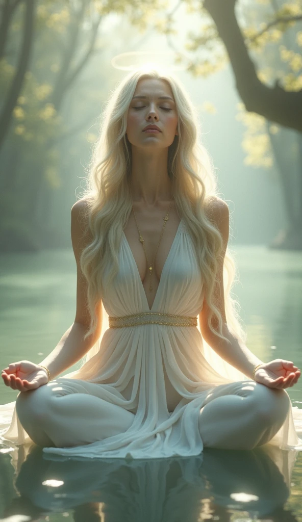 Lady Gaga meditating in a serene and ethereal forest surrounded by vibrant flowers and lush greenery.