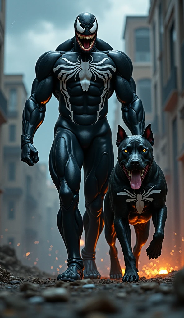 Create an ultra-realistic, cinematic 9:16 image of Venom, the towering anti-hero with his iconic black, symbiotic suit glistening in the dim light, walking alongside a Pitbull transformed into a Venomized version. The Pitbull retains its muscular canine form but is fully infused with symbiote traits: a sleek, glossy black body, glowing white eyes shaped like Venom's iconic patterns, sharp fangs, and tendrils pulsing subtly across its frame. Its chest and back feature faint white streaks resembling Venom's spider emblem, blending seamlessly with its enhanced physique.

Both figures exude menace and power as they stride through a destroyed urban environment. The ground is littered with rubble and sparks, while dark storm clouds churn overhead, with flashes of lightning illuminating their intimidating forms. Venom's muscular build and jagged teeth contrast with the ferocious yet disciplined stance of the Venomized Pitbull, showcasing their connection and shared symbiotic energy.

Rendered in ultra-HD 18K resolution, 24-bit full color, and HDR lighting, every detail is meticulously crafted. The symbiotic material reflects dynamic light, emphasizing the textures of their forms. The cinematic atmosphere and dramatic depth of field highlight their commanding presence as they move together through the chaos, embodying raw power and destruction."