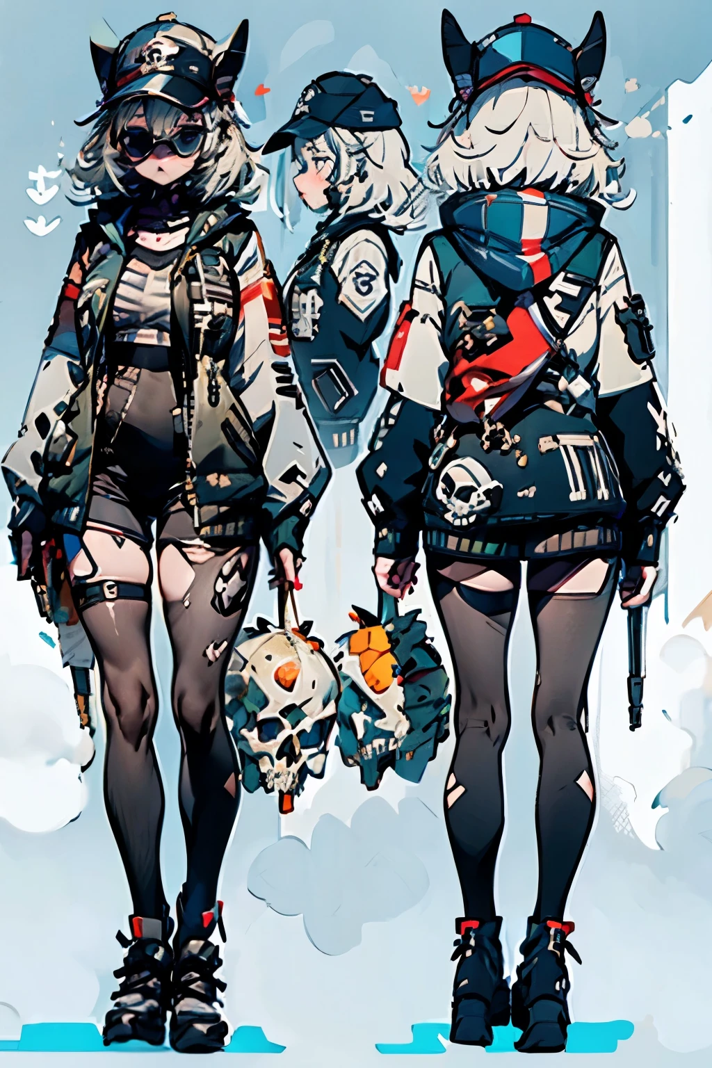 ((masterpiece)), best quality, medium-size tall girl, (medium breasts), black baseball cap, Great Britain flag patch on arm headset, gray jacket, (skull ), sunglasses, black shorts, military, torn pantyhose, military bag, reference sheet, exposed gussets, loose shirt, (Empty eyes)