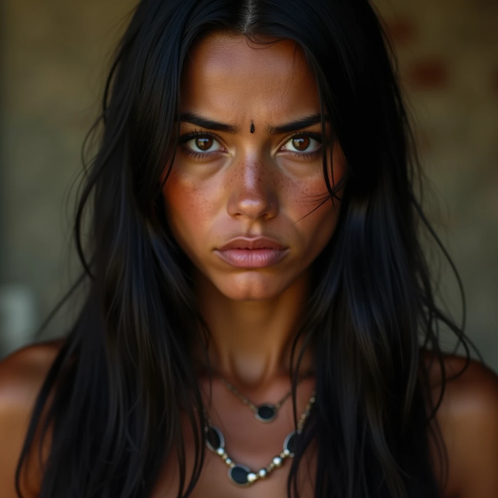 (Realistic:1.5), photorealistic, RAW photo, analog photo style, depth of field, ultra detailed photo of american indian woman, cute face, perfect body, dressed in minimal and sexy clothing with native and futuristic elements, 20 years old, she tilted her head but looking to camera, in idillic foggy hollow, dinamic pose, in style of Luis Rojo, naturally cinematic colors