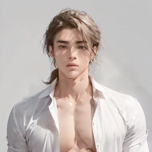 (Short brown shoulder-length hair:1.3) , blue eyes, male, black background, High Detail,Slicked-back hairstyle,No bangs