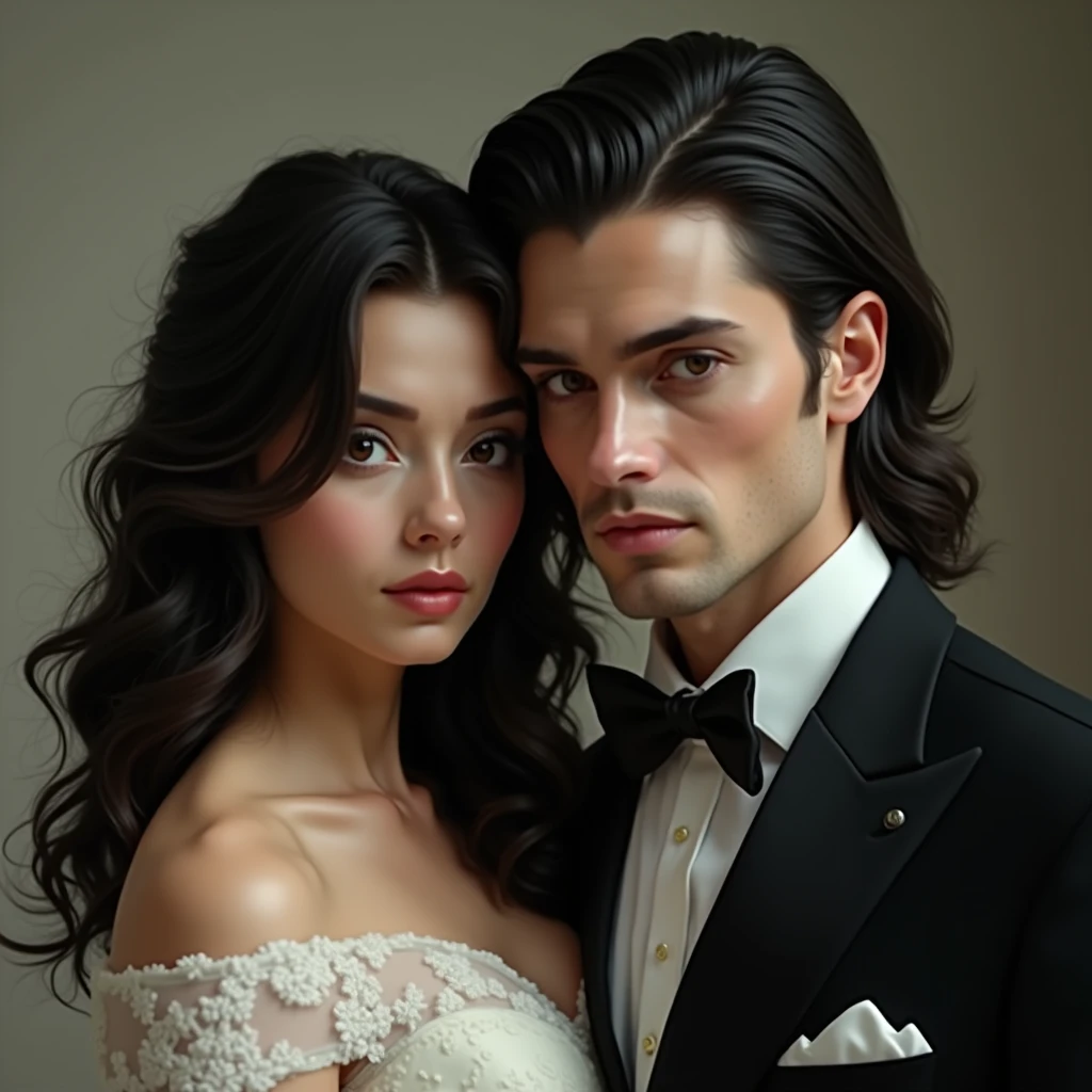 You can create an image of a young handsome man with hot fine face, clear skin, slightly short black hair, barba, black gala dress, junto de una chica de clear skin, black curly hair, with a white mecon, dressed in white gala 
