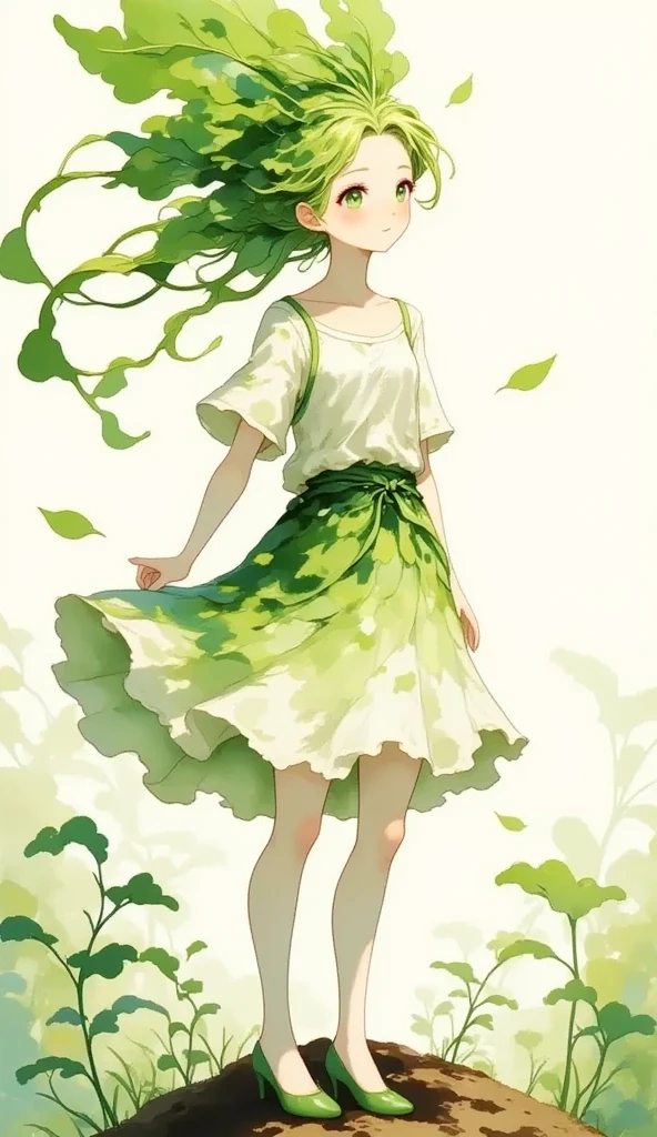 1 daikon lady, solo, full body, Standing, contrapposto, Green eyes, Green leaves long hair, bangs, wearing green camisole one-piece long dress over white short sleeve T-shirt, green pumps, smile, simple background