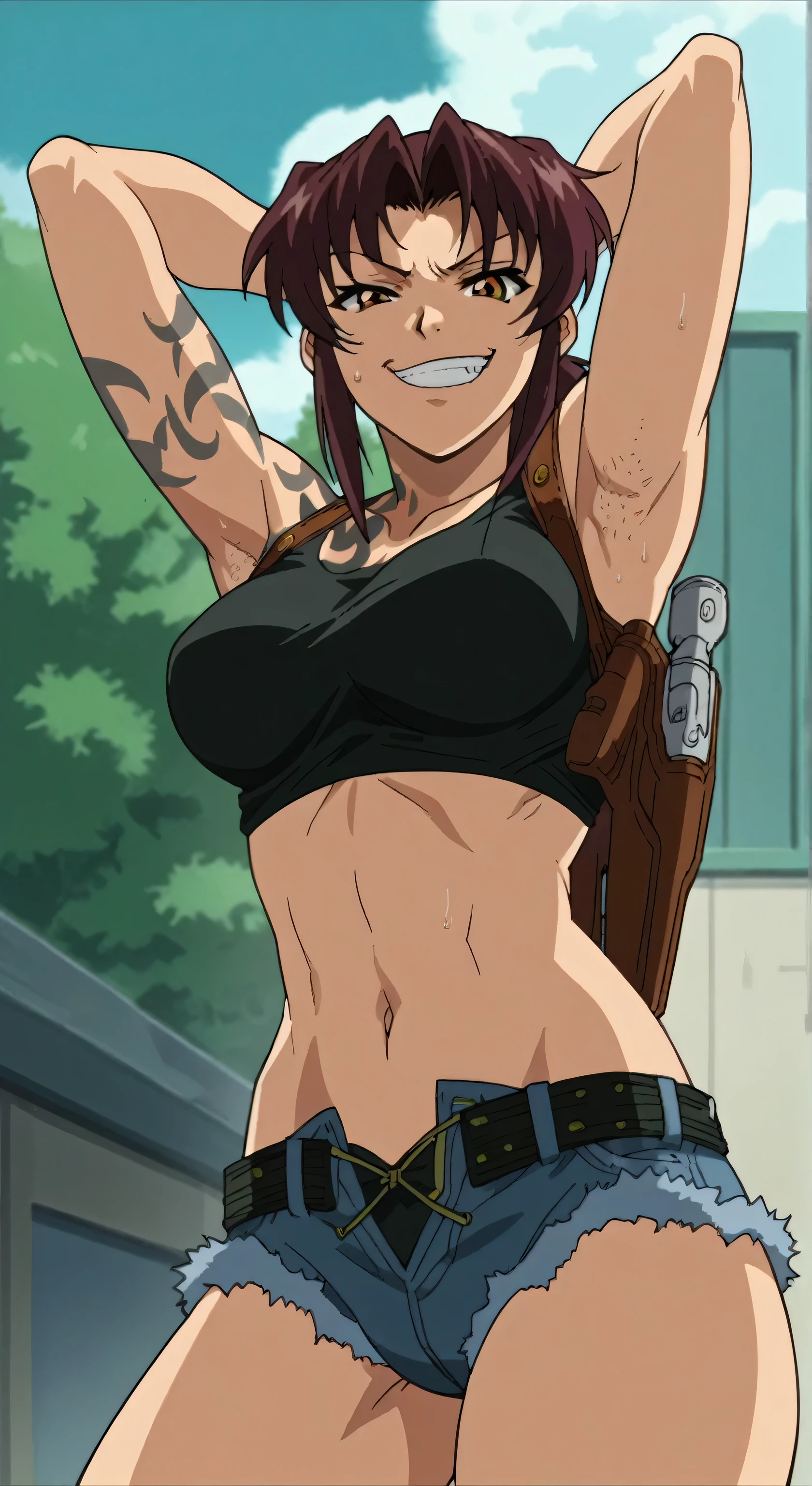 score_9, score_8_up, score_7_up, source_anime, anime screencap, 1girl, solo, Revy , bare shoulders, bare arms, arms behind head, armpits, from below, looking at viewer, head towards viewer, evil smile, smug, badhandv4, outdoors, day, armpit stubble, sweaty, thighs, bellybutton 