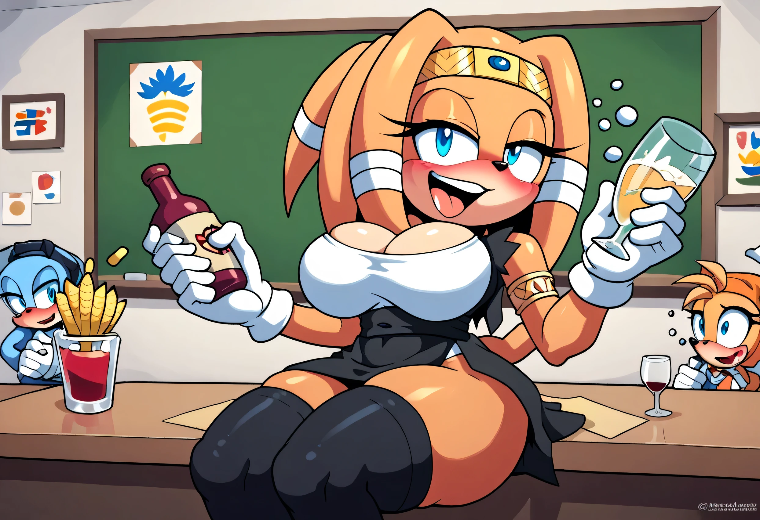 Tikal the Echidna, drunk, drunk face  ,  blushed, holding a bottle of wine , blue eyes, with black stockings with straps, white gloves,happy look,Corn maid ,black sash, big breasts,  big thighs, sitting in a chair ,in a classroom ,in the background a bar with liquors  , a small painting with the Chilean flag,at night