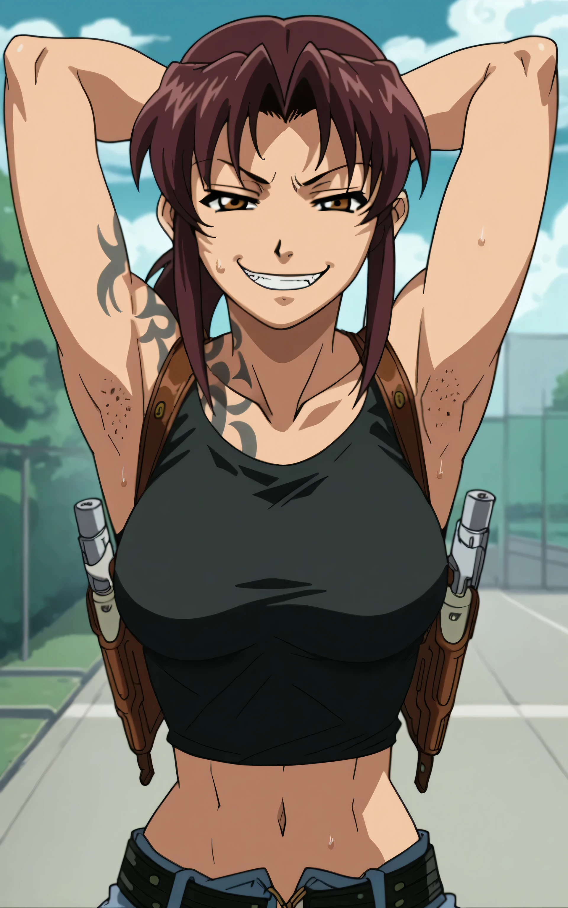 score_9, score_8_up, score_7_up, source_anime, anime screencap, 1girl, solo, Revy , bare shoulders, bare arms, arms behind head, armpits, from above, looking at viewer, head towards viewer, evil smile, smug, badhandv4, outdoors, day, armpit stubble, sweaty