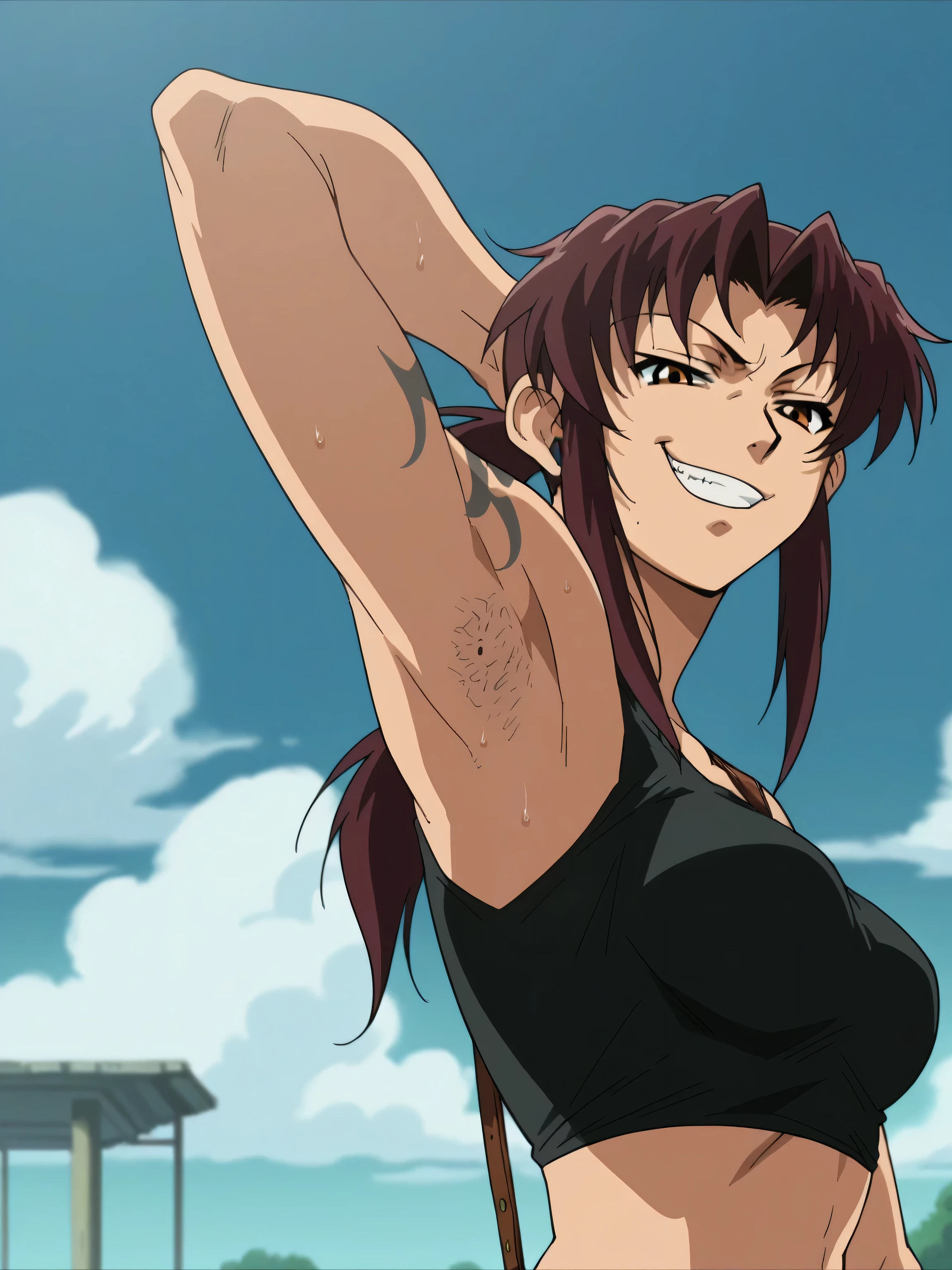 score_9, score_8_up, score_7_up, source_anime, anime screencap, 1girl, solo, Revy , bare shoulders, bare arms, arm behind head, armpit, looking at viewer, head towards viewer, evil smile, smug, badhandv4, outdoors, day, armpit stubble, sweaty, from side, from below 