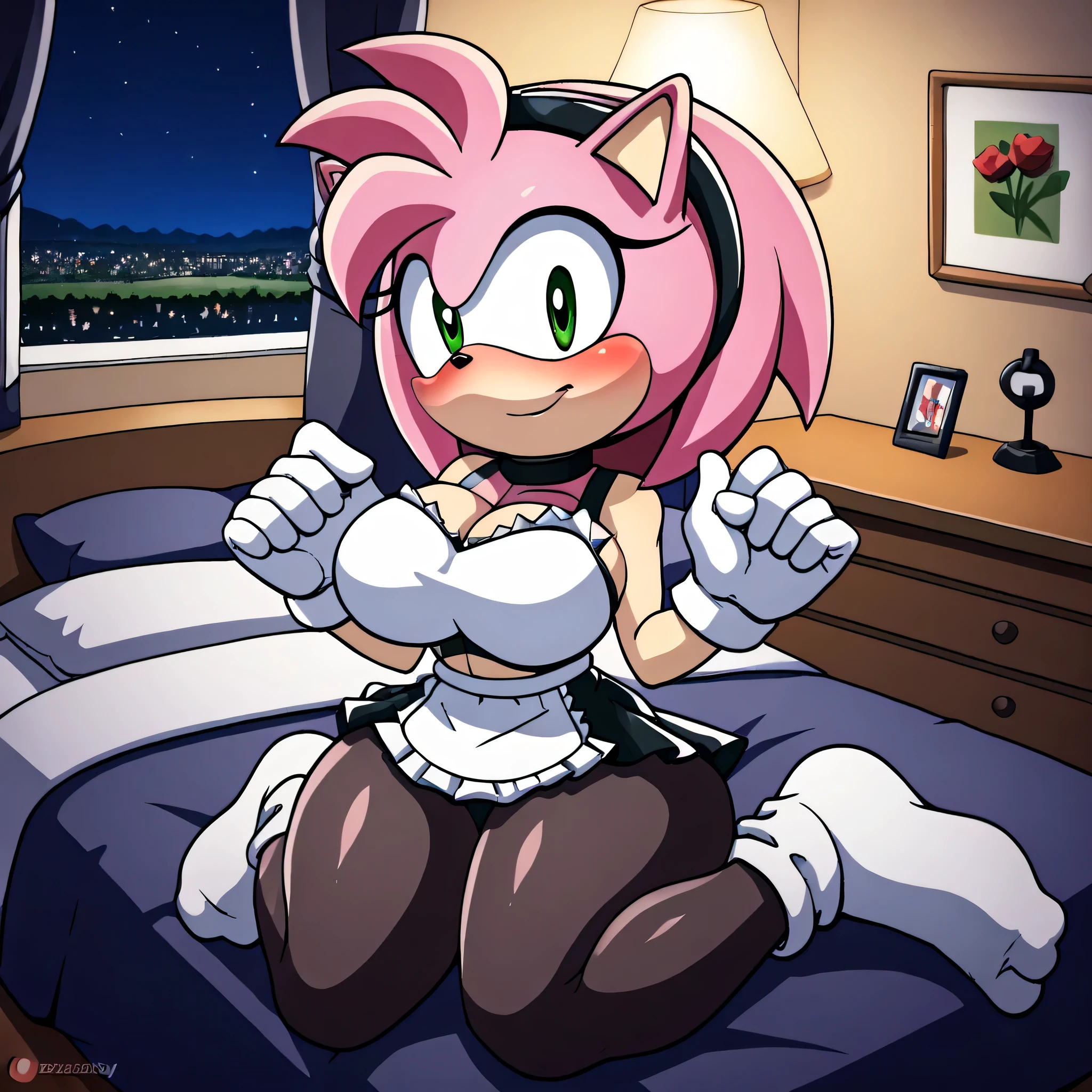 Amy rose,  flirty look ), ), green eyes , big breasts  , black neck strap,white skirt , light blue vest ,comfortable clothes, big thighs,Closed Mouth Smiling , white socks  , Sitting on the bed, black maid   (  white gloves )  In a room at night,blush,black maid 