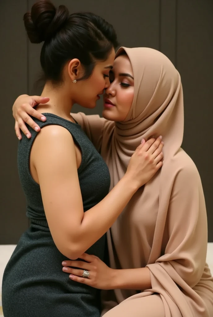 Muslim wife wearing burqa kissing her husband, bosom visible