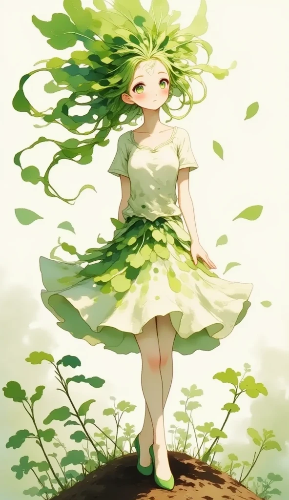 1 daikon lady, solo, full body, Standing, contrapposto, Green eyes, Green leaves long hair, bangs, wearing green camisole one-piece long dress over white short sleeve T-shirt, green pumps, smile, photo shoot