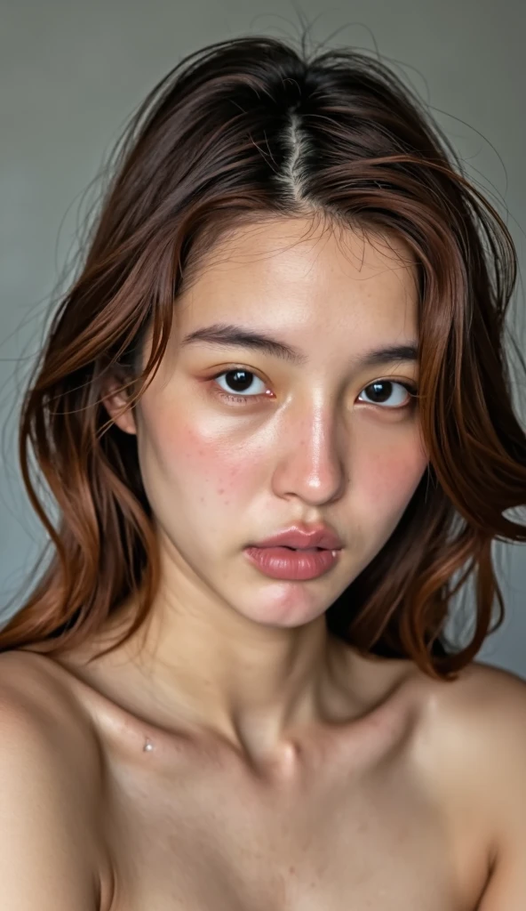 A photograph of a young thai woman with long, straight brown hair blowing gently. She has a fair complexion, delicate facial features, and wears subtle makeup with nude lipstick and light eyeshadow. Her expression is calm and slightly introspective. The background is a soft, muted gray, keeping the focus on her. She appears to be topless, though her shoulders are partially visible. The image exudes a soft, ethereal quality