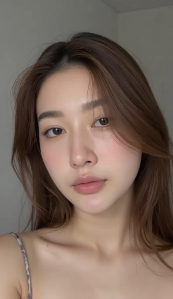 A photograph of a young thai woman with long, straight brown hair blowing gently. She has a fair complexion, delicate facial features, and wears subtle makeup with nude lipstick and light eyeshadow. Her expression is calm and slightly introspective. The background is a soft, muted gray, keeping the focus on her. She appears to be topless, though her shoulders are partially visible. The image exudes a soft, ethereal quality