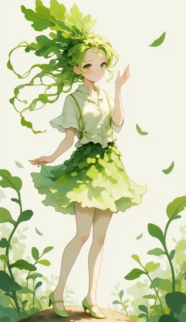 1 daikon lady, solo, full body, Standing, contrapposto, Green eyes, Green leaves long hair, bangs, wearing green camisole one-piece long dress over white short sleeve T-shirt, green pumps, smile, photo shoot, indoor