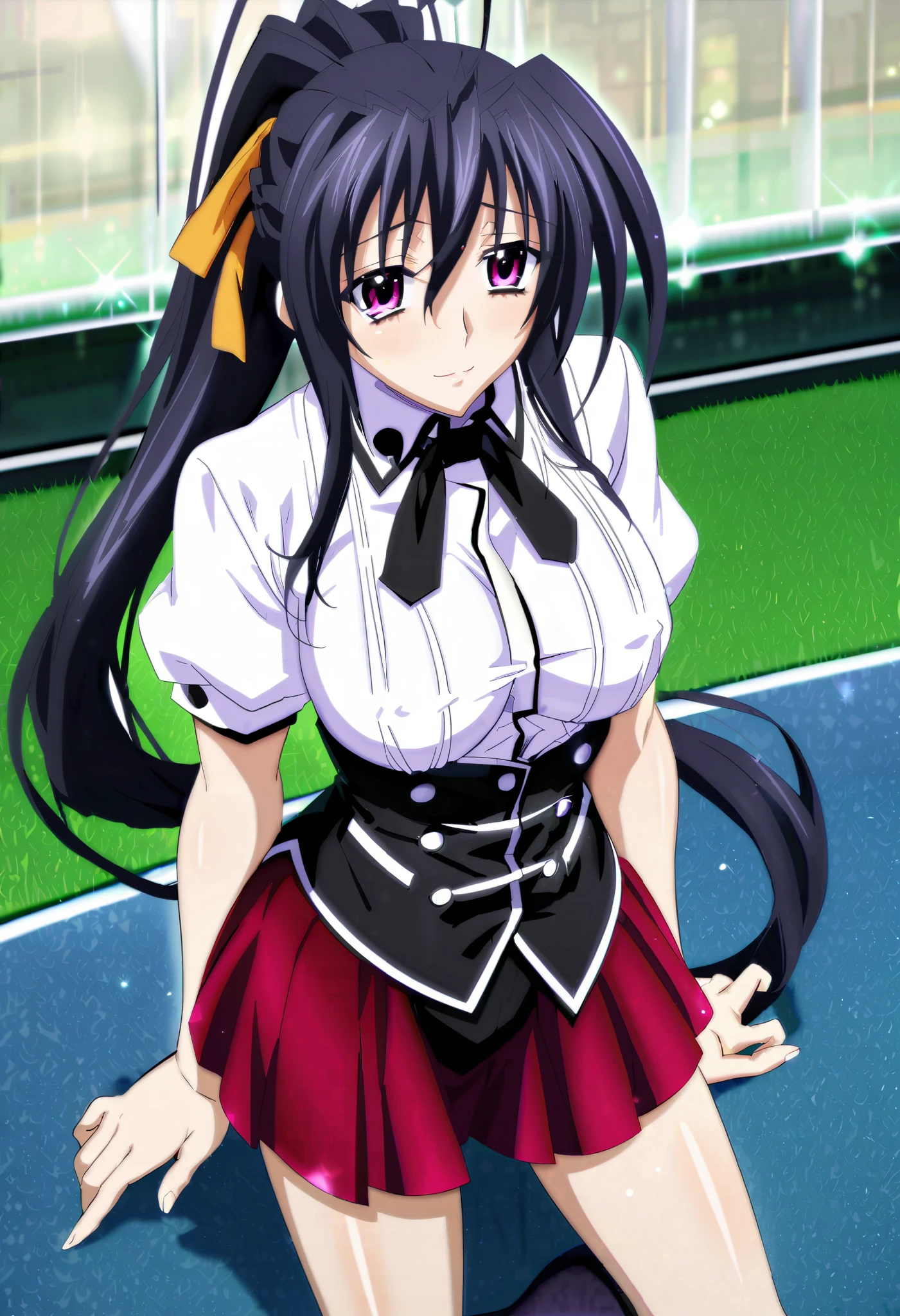 sfw, extremely detailed CG, high resolution, best quality, masterpiece, seductive single woman, himejima akeno (hgh school dxd), black hair, long hair, hair tied back with a ponytail (orange ribbon), violet eyes, (beautiful detailed eyes: 1.4), medium breasts, long legs. School uniform. White blouse with black trim, buttoned down the front and featuring a high collar. Black corset-style vest with white accents, adding a fitted and slightly formal look. Magenta short skirt. Calve-high black socks. Natural pose. Smiling. High school background