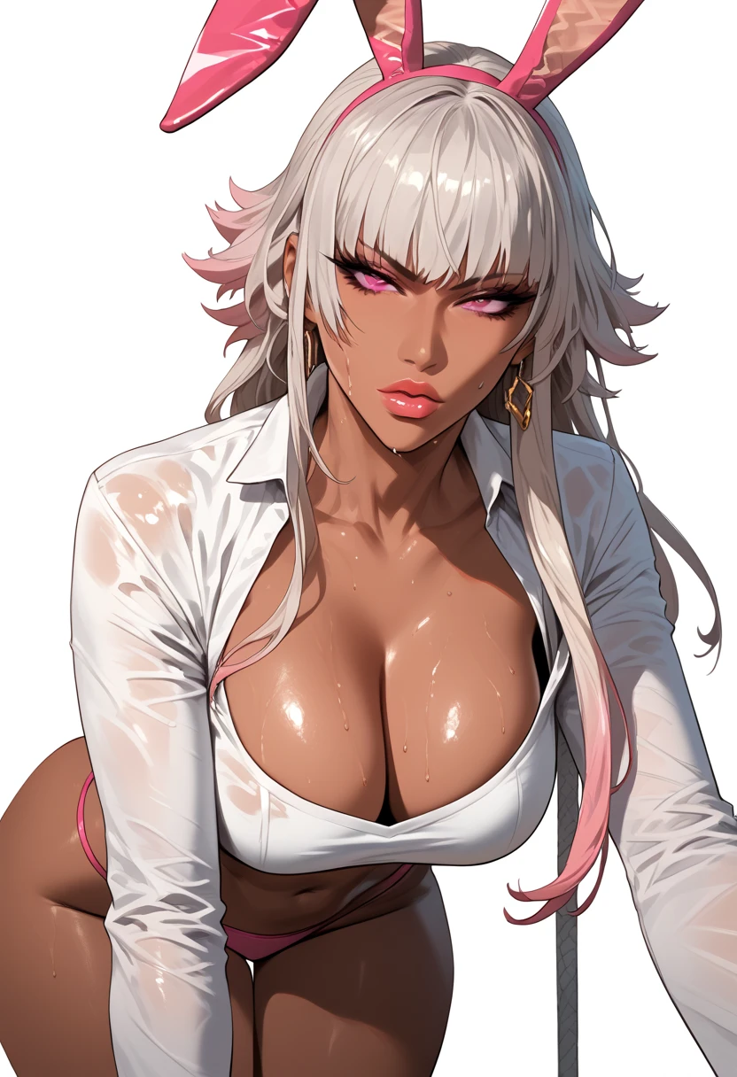 Low above, mixed_artwork style, Hanging , big , cleavage, sweaty, sexy, thicc, 1 girl, pink eyes, silver hair, long hair, dark skin, pink bunny ears, long sleeves, sleeves past wrists, crop top, gyaru, lips, white nails, long nails