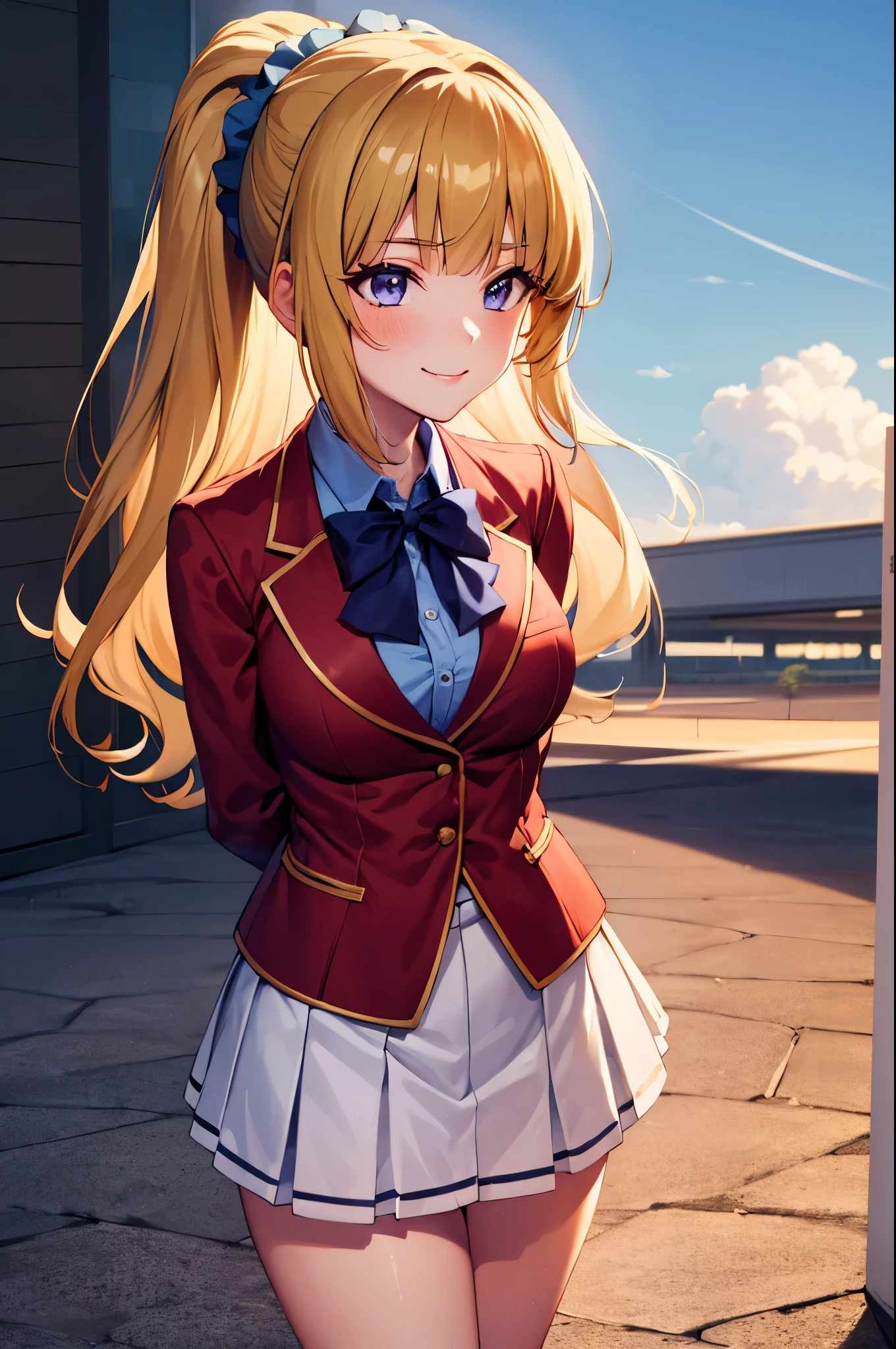 (8k, best quality, masterpiece,ultra detailed, ultra high res:1.2),
1girl,
Kei Karuizawa,
Kei Karuizawa \(youjitsu\),
long hair, ponytail,
yellow hair,
purple eyes,
blue bow, hair scrunchie,
medium breasts,
, red blazer, buttoned blazer,long sleeves, blue blouse, pleated white skirt, white calf socks,
arms behind back, smile
cowboy shot, from front
perfect light, outdoor