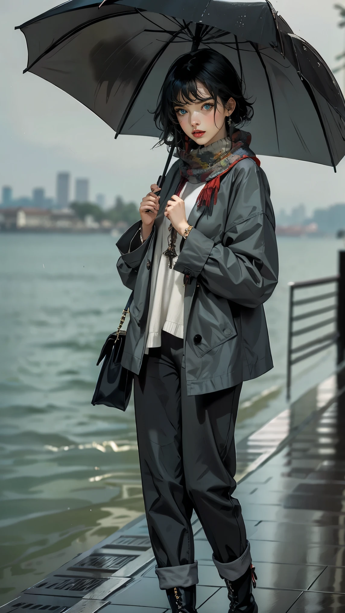 24 year old dark skinned woman、blue eyes、blonde、medium long curly hair、Accessorize your wrist、Colorful Scarf Tie Blouse((scarf tie blouse))、raincoat,loose grey fashionable pants, short hair, at the sea side, boots, umbrella, rain
