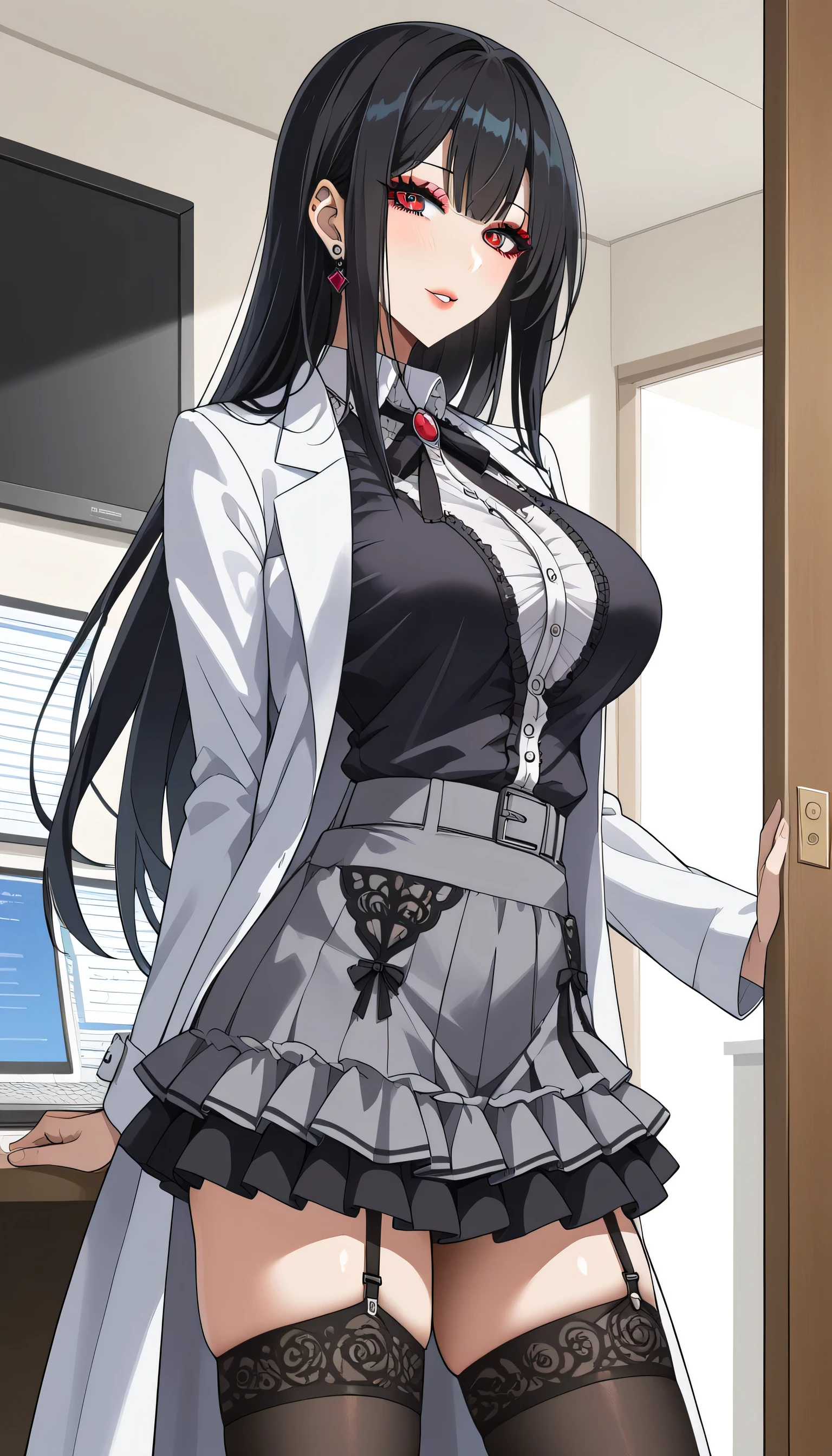  score_9,  score_8_up,  score_7_up,  source_Anime,masterpiece、 office、office、 No Emotion、 no makeup、 best quality, beautifully detailed eyes ,  Beautiful Detailed Lips、 highly detailed eyes and face,Unmotivated look、Apathetic face、 long breasts, 1 female, Put on a white coat、Grey dress shirt、 Gothic ****ta Shirt Under a White Coat、 Grey Gothic ****ta Shirt 、Black Gothic ****ta Skirt 、 grey gothic ****ta shirt、 Black Gothic ****ta Skirt 、 Mini Skirt、 short skirt  , Big saggy breasts, shockingly  Big Breasts ,  Big Breasts , room,Big Breasts、 boobs 、 zitales, makeup、 no makeup、 black hair、 Long Hair、Smooth straight hair、 black stockings 、 garter belt 、黒の garter belt 