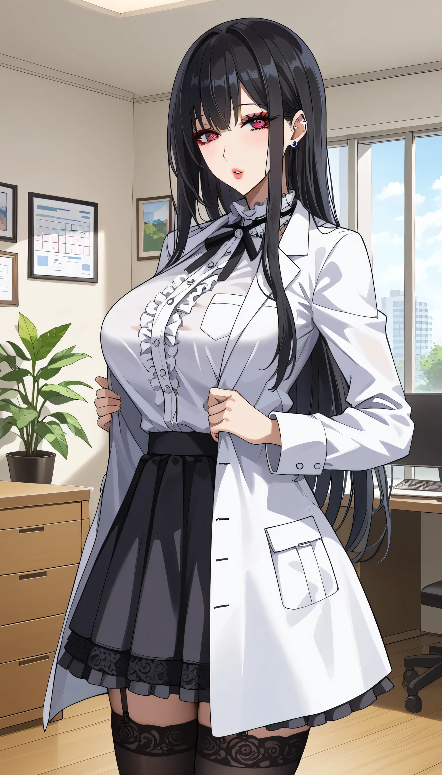  score_9,  score_8_up,  score_7_up,  source_Anime,masterpiece、 office、office、 No Emotion、 no makeup、 best quality, beautifully detailed eyes ,  Beautiful Detailed Lips、 highly detailed eyes and face,Unmotivated look、Apathetic face、 long breasts, 1 female, Put on a white coat、Grey dress shirt、 Gothic ****ta Shirt Under a White Coat、 Grey Gothic ****ta Shirt 、Black Gothic ****ta Skirt 、 grey gothic ****ta shirt、 Black Gothic ****ta Skirt 、 Mini Skirt、 short skirt  , Big saggy breasts, shockingly  Big Breasts ,  Big Breasts , room,Big Breasts、 boobs 、 zitales, makeup、 no makeup、 black hair、 Long Hair、Smooth straight hair、 black stockings 、 garter belt 、黒の garter belt 