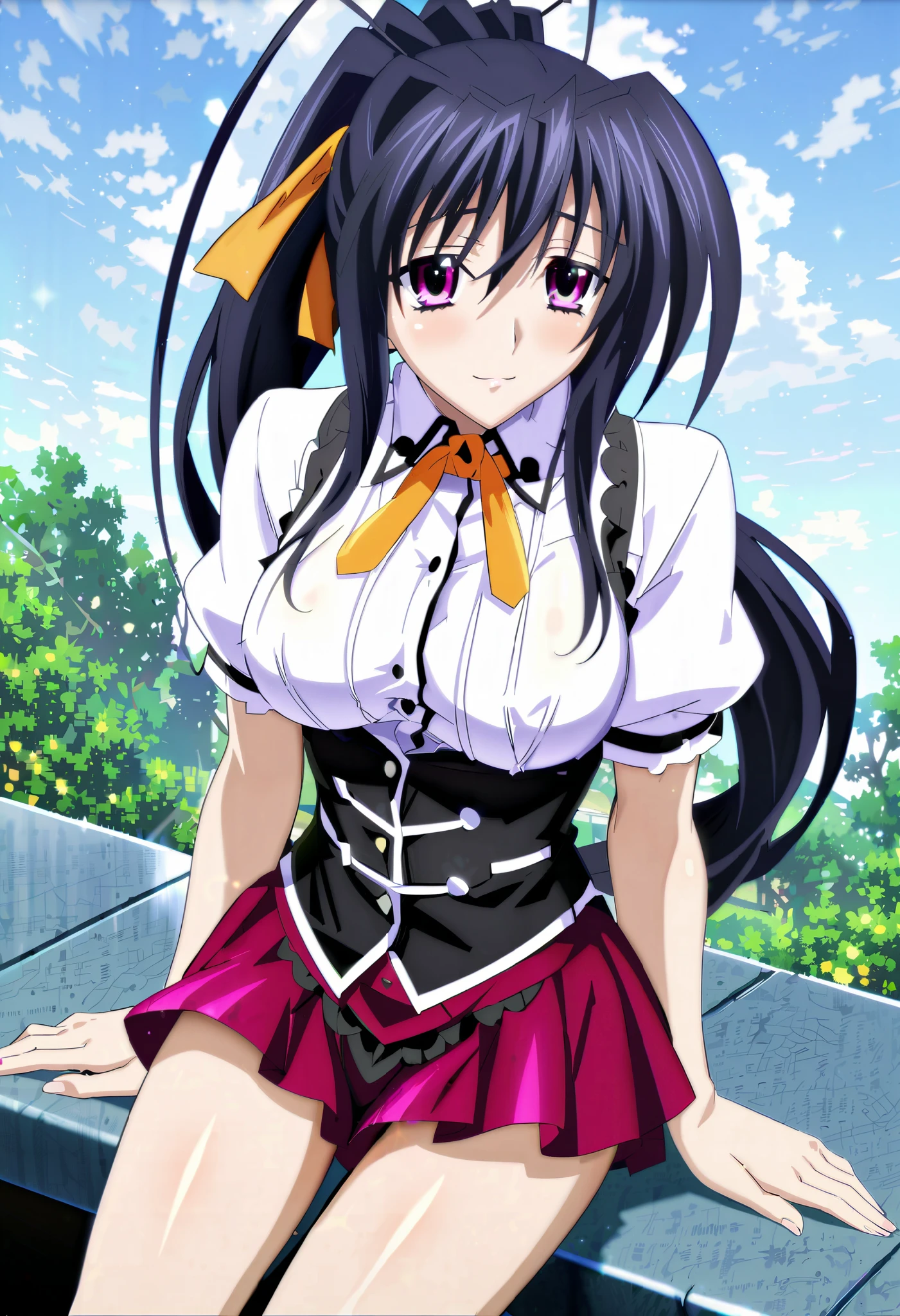 sfw, extremely detailed CG, high resolution, best quality, masterpiece, seductive single woman, himejima akeno (high school dxd), black hair, long hair, hair tied back with a ponytail (orange ribbon), violet eyes, (beautiful detailed eyes: 1.4), medium breasts, long legs. School uniform. White blouse with black trim, buttoned down the front and featuring a high collar. Black corset-style vest with white accents, adding a fitted and slightly formal look. Magenta short skirt. Calve-high black socks. Sitting. Natural pose. Smiling. High school background