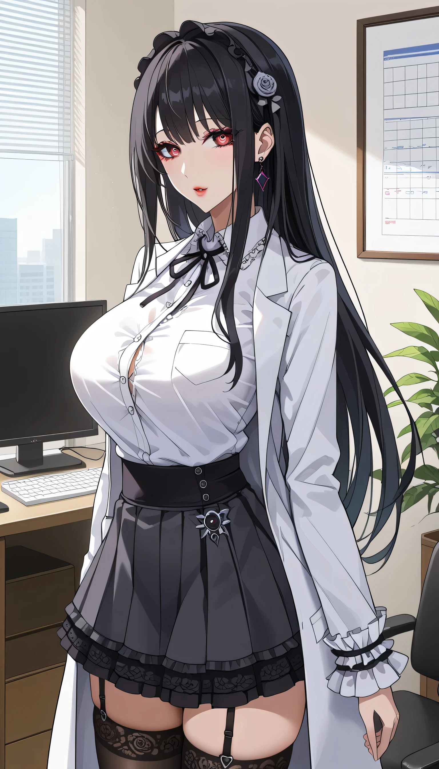  score_9,  score_8_up,  score_7_up,  source_Anime,masterpiece、 office、office、 No Emotion、 no makeup、 best quality, beautifully detailed eyes ,  Beautiful Detailed Lips、 highly detailed eyes and face,Unmotivated look、Apathetic face、 long breasts, 1 female, Put on a white coat、Grey dress shirt、 Gothic Lolita Shirt Under a White Coat、 Grey Gothic Lolita Shirt 、Black Gothic Lolita Skirt 、 grey gothic lolita shirt、 Black Gothic Lolita Skirt 、 Mini Skirt、 short skirt  , Big saggy breasts, shockingly  Big Breasts ,  Big Breasts , room,Big Breasts、 boobs 、 zitales, makeup、 no makeup、 black hair、 Long Hair、Smooth straight hair、 black stockings 、 garter belt 、黒の garter belt 