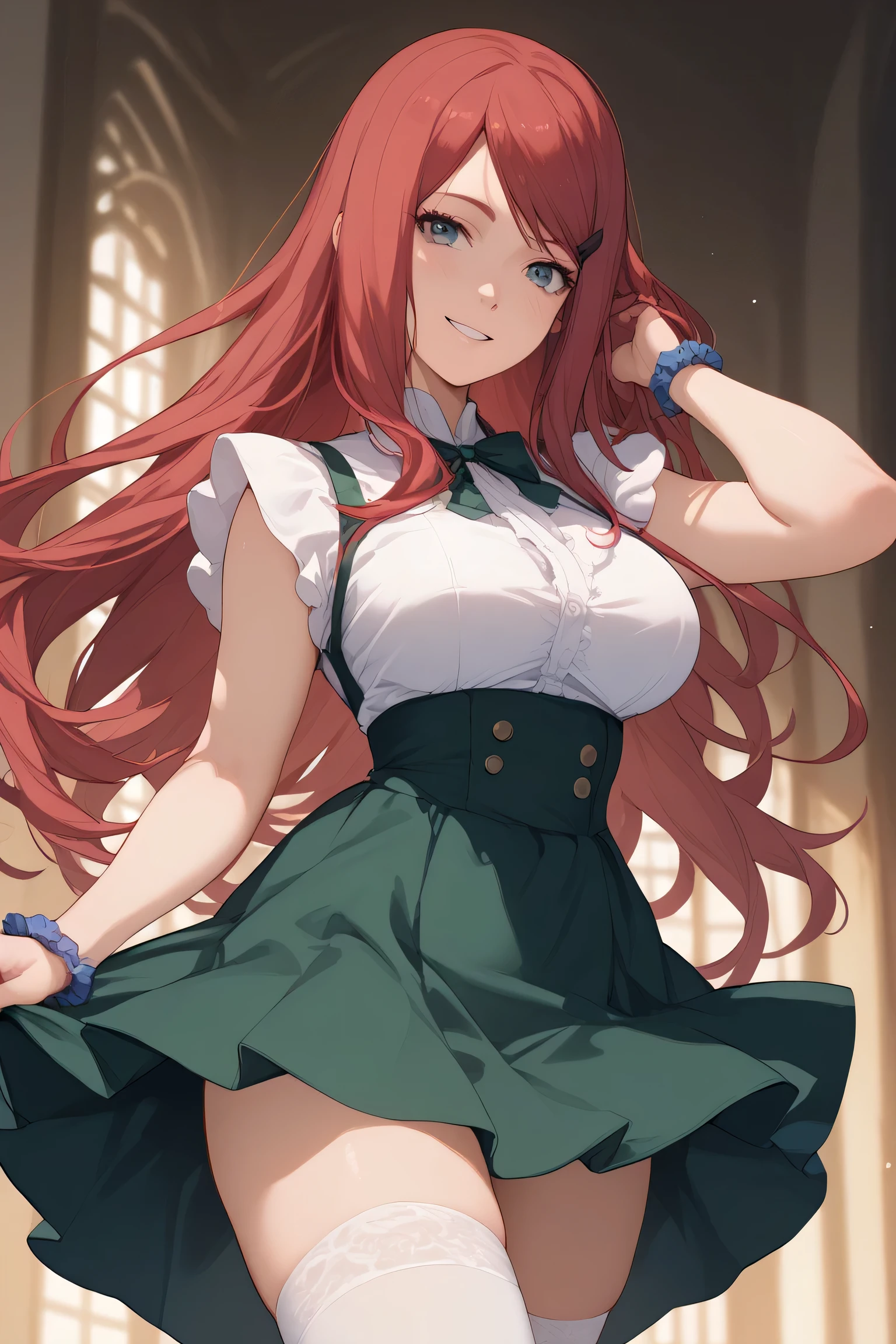 Alone,  beautiful woman ,  long hair ,  red hair,  big breasts, blush, smile,  nini skirt , vestido de sirvienta ,  white stockings,  Kushina Uzumaki, cowboy pose