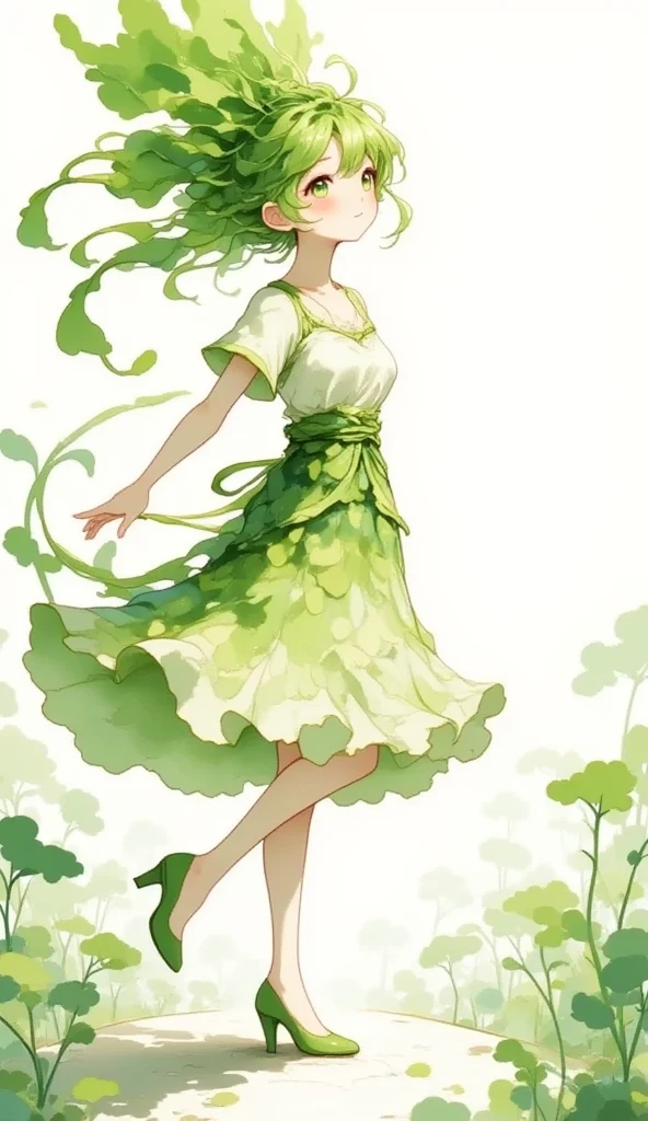 1 daikon lady, solo, full body, Standing on whitefloor, contrapposto, Green eyes, Green leaves long hair, bangs, pure white skin, wearing green camisole one-piece long dress over white short sleeve T-shirt, green pumps, smile, photo shoot