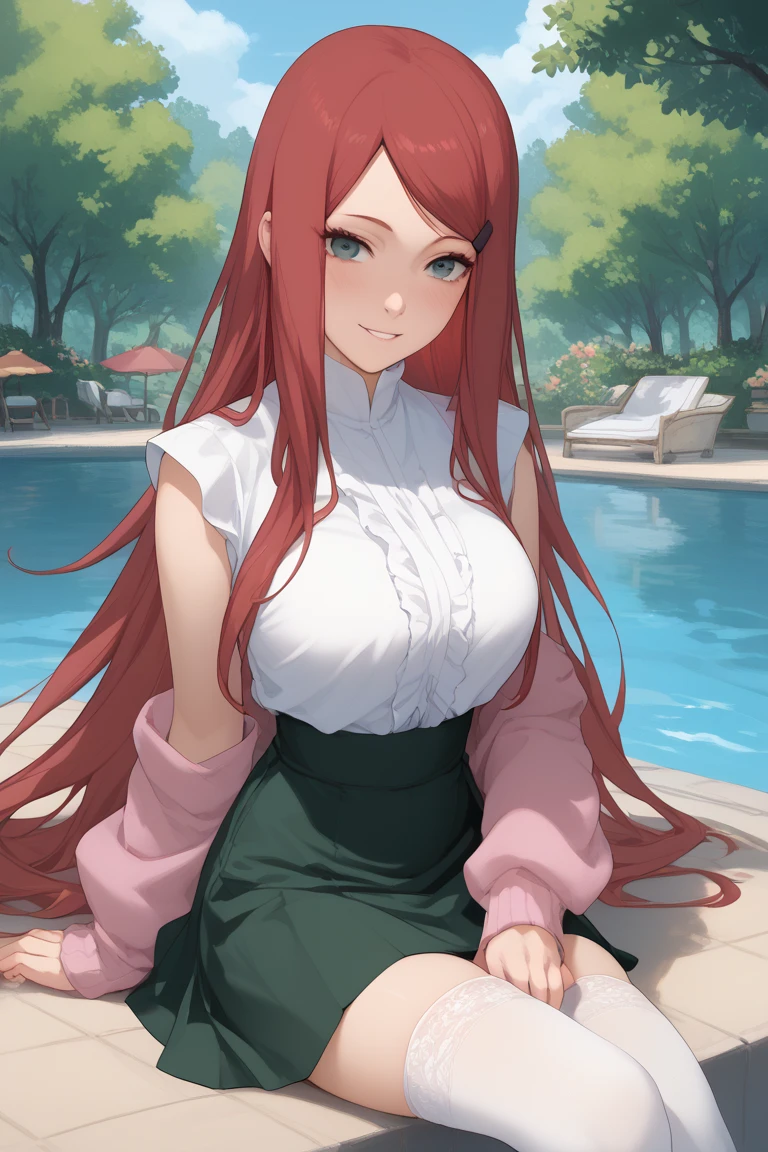 Alone,  beautiful woman ,  long hair ,  red hair,  big breasts, blush, smile,  nini skirt , vestido de sirvienta ,  white stockings,  Kushina Uzumaki,