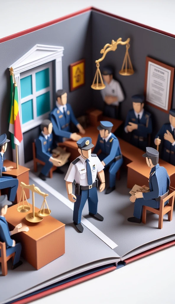 "Create an origami-style image that illustrates the complex narrative of Frank Serpico as a controversial figure. The scene features an origami police officer symbolizing Serpico, standing in a morally ambiguous position. He faces other origami figures representing corrupt police officers accepting or demanding bribes. In the background, include origami elements such as a courtroom and scales of justice to highlight themes of law, morality, and authority. The composition should convey a tension between justice and corruption, with subtle paper-folded visual metaphors representing ethical dilemmas. Use a color palette of grays, blues, and muted reds to emphasize the seriousness of the topic. Ensure all written text within the image, such as signs, documents, or labels, is in Portuguese (Brazil), reflecting the cultural context. The atmosphere should evoke reflection on justice, individual responsibility, and the complexity of obeying or resisting flawed laws." 