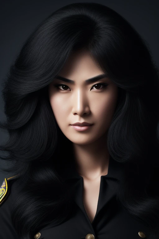 jet black hair,most very long hair,most very lion hair,most very wolf hair,most very frizzy hair,coarse hair,most very spread hairstyle,thick hair,fluffy hair,most very heavy weight hair,hair covering left eye,heavy looking hairstyle,most very voluminous hair,shiny jet black hair,female jail officer,black uniform,a heavy-looking uniform,black pants,tall woman,1 Chinese woman,woman's height 2.2m,most very strong face,most very angry face,black eyes,very close-up to face,most very muscle body,most very beautiful face,show more hair,high resolution,white background