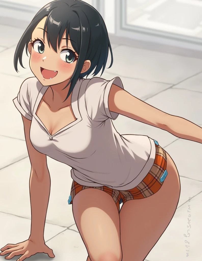 shinkai makoto, Kimi No Na Wa., One girl, bangs, Black Hair, blush, Brown eyes, Glowing Skin, Red headband, Red ribbon, Red Bow, Exposing shoulders, Black knee socks, short hair, smile, Open your mouth, cute, alone, Happy, hair ornaments, Bunny ears, Playboy Bunny, Pink leotard, Detachable collar, Looking at the audience, Pink Background, Simple Background, Upper Body, Leaning forward