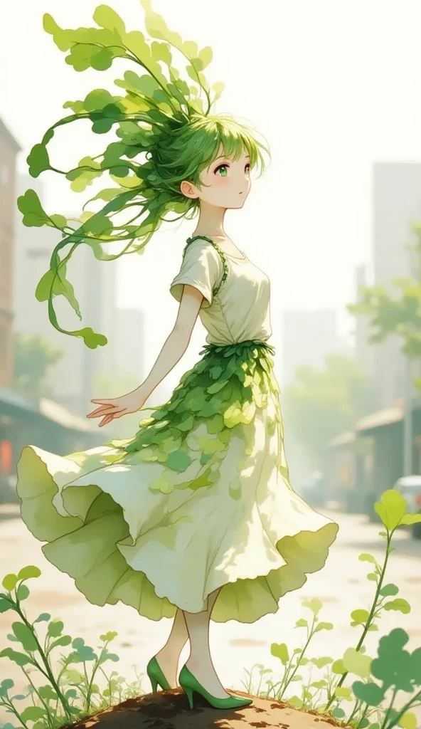 1 daikon lady, solo, full body, Standing on pavements, contrapposto, Green eyes, Green leaves long hair, bangs, pure white skin, wearing green camisole one-piece long dress over white short sleeve T-shirt, green pumps, smile, photo shoot