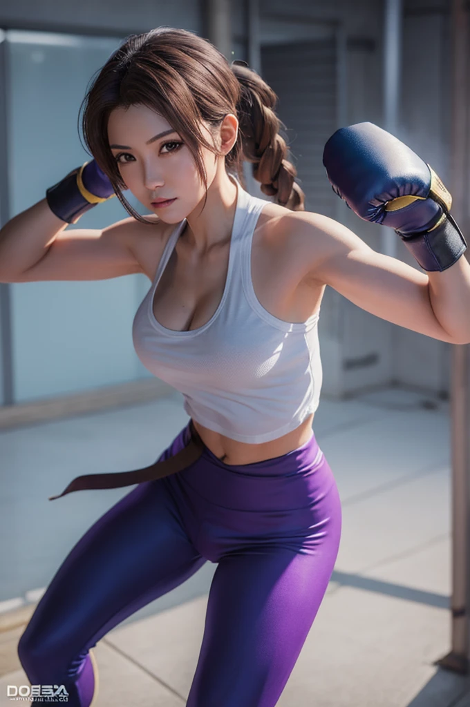 Akane Tendo, (Ranma 1/2 anime), sexy girl, poderosa, traje sexy de karate color blanco, cinta negra, YOUNG, skynny body, small and beautiful buttocks, toned abdomen, small and beautiful breasts, obscene, sensual, esta en el dojo de artes marciales, dramatic background, patada al aire, esta entrenando karate, sensual look, cuerpo completo, beautiful brown eyes, classic hairstyle,Hair dyed in bright blue color, best quality,4k,8k,A high resolution,masterpiece,ultra detailed,Realistic, Photorealistic,photo realistic
