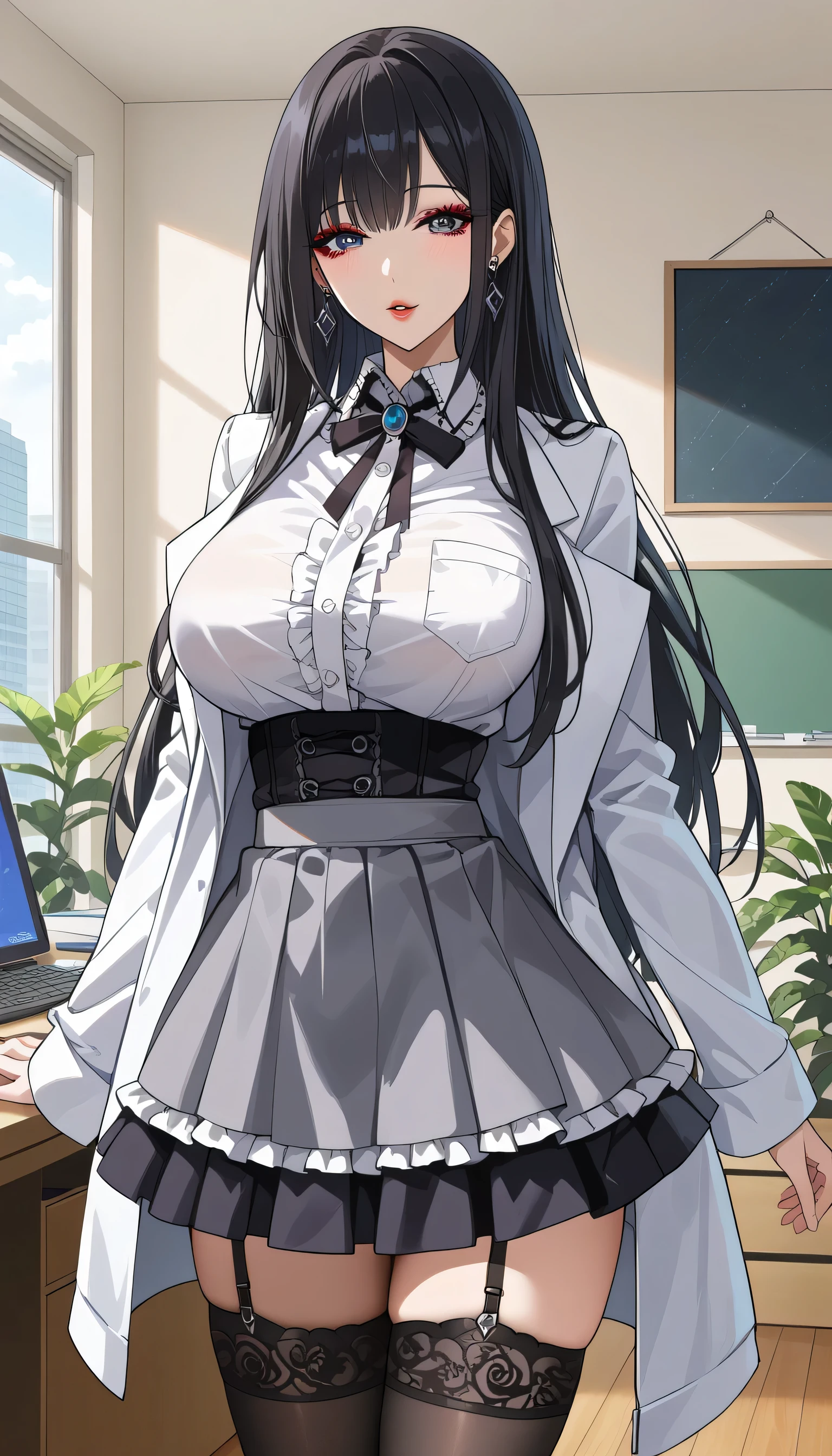  score_9,  score_8_up,  score_7_up,  source_Anime,masterpiece、 office、office、 No Emotion、 no makeup、 best quality, beautifully detailed eyes ,  Beautiful Detailed Lips、 highly detailed eyes and face,Unmotivated look、Apathetic face、 long breasts, 1 female, Put on a white coat、Grey dress shirt、Gothic ****ta shirt under a white coat、Grey Gothic ****ta Shirts 、Black Gothic ****ta Skirt 、 Grey Gothic ****ta Shirts、 Black Gothic ****ta Skirt 、 Mini Skirt、 short skirt  , Big saggy breasts, shockingly  Big Breasts ,  Big Breasts , room,Big Breasts、 boobs 、 zitales, makeup、 no makeup、 black hair、 Long Hair、Smooth straight hair、 black stockings 、 garter belt 、黒の garter belt 