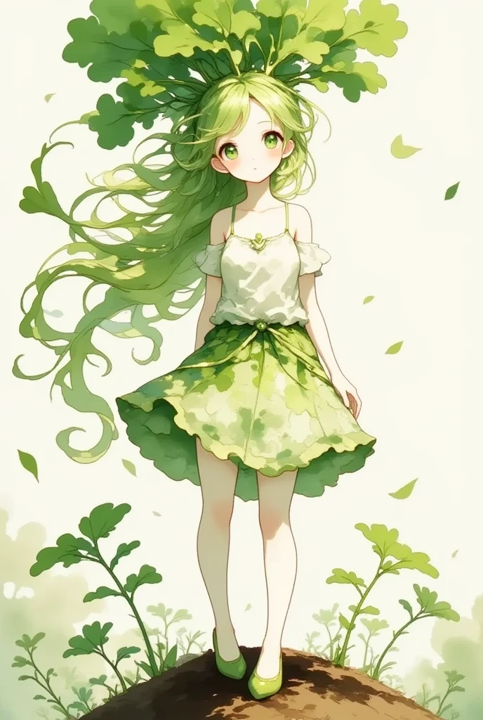 1 daikon lady, solo, knee shot, Standing, contrapposto, Green eyes, Green leaves long hair, bangs, pure white skin, wearing green camisole one-piece long dress over white short sleeve T-shirt, green pumps, smile, photo shoot