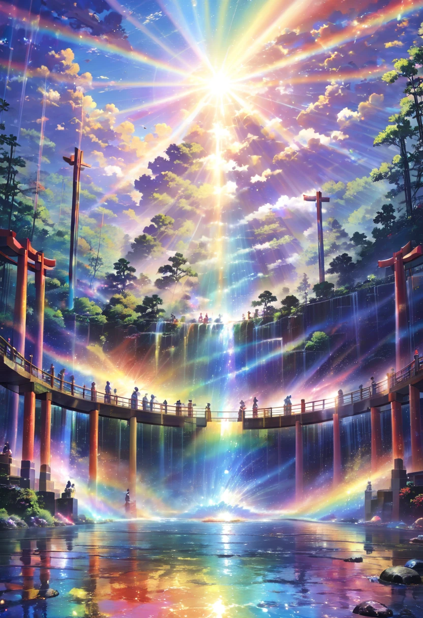 rainbow色、rainbow、rainbow色の世界、sun，Dazzling light，light，Shine，torii，waterfall，Streaks of light， high definition ,  high definition , 8k, Famous Paintings 2:1,16k, 超 high definition , 超 high definition , Born, Stunning  ,future、rainbow色の、 The World After 30 Years 。